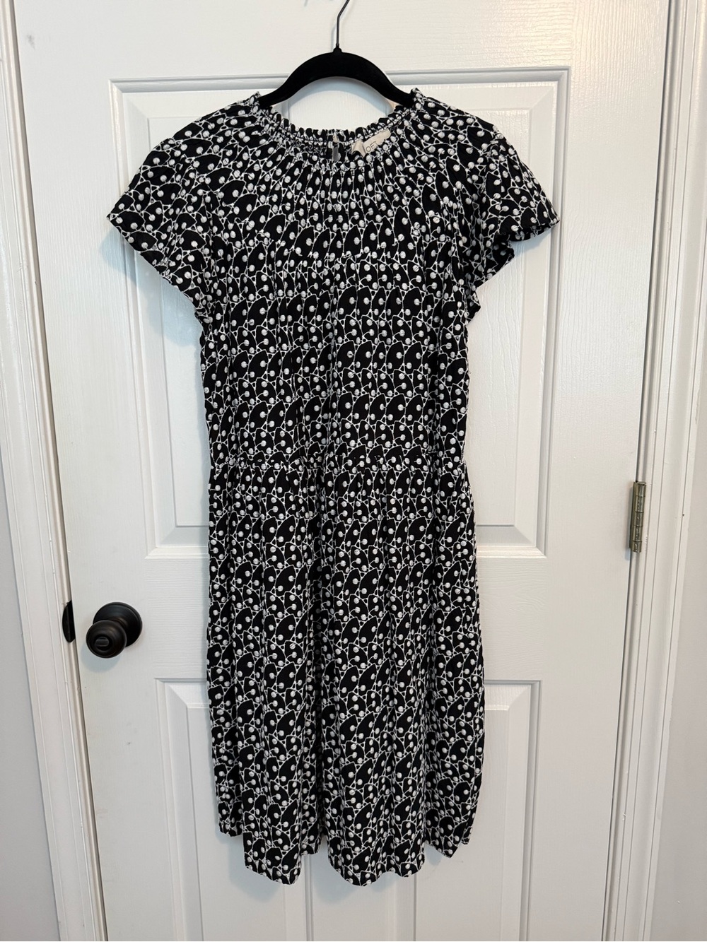 LOFT Black and White Floral Smocked Knee-Length Dress